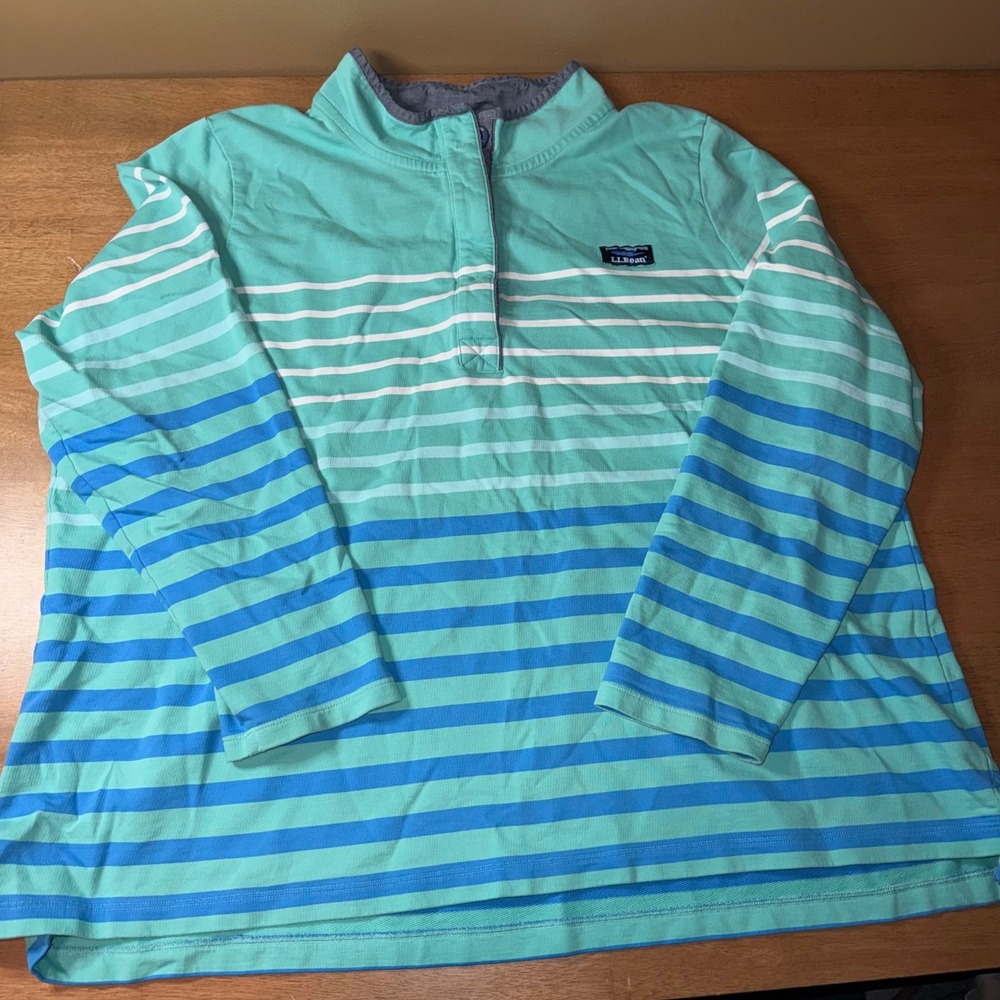 LL Bean Womens 3X Striped Cotton Pullover Top Turquoise Blue Nautical 504432
